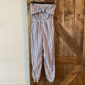 Aerie Blue and White Striped Strapless Romper (Medium)